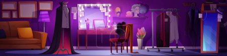 Illustration for Theater dressing room with furniture and costume on mannequin. Vector cartoon illustration of night show backstage, makeup mirror with cosmetics on table, wigs, clothes on rack, sofa and floor lamp - Royalty Free Image
