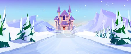 Winter frozen road to magic castle background. Fairy tale kingdom palace for princess in pine forest with falling snow. Nature fairytale landscape with medieval fortress architecture and pathway