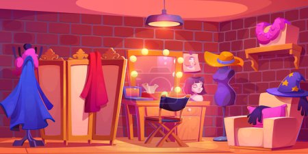 Illustration for Backstage theater room interior with table and mirror for makeup, clothing and wigs, screen for dressing. Cartoon vector of changing clothes and actor prepare area before performance or filming. - Royalty Free Image