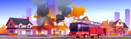 Ilustración de Fuego en el edificio de la ciudad y camión para rescatar ilustración de otoño de dibujos animados. Incidente del seguro de quemaduras en la ciudad. Servicio de emergencia de camiones de bomberos cerca de apartamento residencial con humo del panorama de ventanas - Imagen libre de derechos