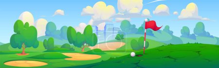 Illustration for Sunny golf course against cityscape background. Vector cartoon illustration of field landscape with flag and ball near hole, green trees and grass, urban buildings, clouds in blue sky, sports activity - Royalty Free Image