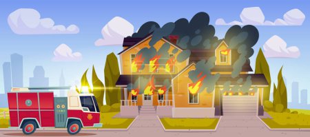 Téléchargez les illustrations : Pompiers près de la maison en feu. Illustration vectorielle de la flamme et de la fumée s'élevant du chalet de banlieue, véhicule des pompiers, équipe de secours sur appel d'urgence, arrière-plan du paysage urbain, nuages dans le ciel - en licence libre de droit