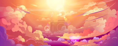 Sunset or sunrise sky with anime fluffy clouds. Cartoon vector background of pink and yellow gradient colored cloudy heaven with sun shining. Romantic air panoramic landscape with curve haze.