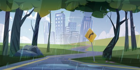 Illustration for Asphalt twisting road to city in rainy weather with puddles and sign, woods and grass on sides. Cartoon vector panoramic landscape with empty slippery highway from countryside to houses in town. - Royalty Free Image