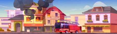 Ilustración de Camión de bomberos llega para apagar edificio en llamas en la ciudad. Ilustración vectorial de dibujos animados del paisaje de la ciudad con casa en llamas y cubierto de humo, coche rojo con bomberos llegó en llamada de emergencia. - Imagen libre de derechos