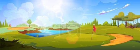 Pole golfowe zielone tło sceny krajobraz. Flaga w klubie letnim z piaskiem i wodą rzeczną. Golfcourse wzgórze dla sportu panoramiczne zieleni sztandar z natury drzewa i świecące słońce na błękitnym niebie.