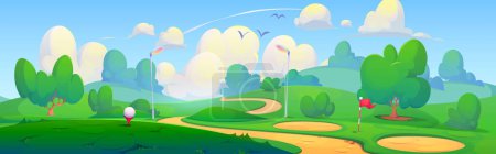 Illustration for Green grass gold course field vector background. Summer park with flag and ball on meadow environment for tournament. Outdoor yard to play on court place in national garden panorama banner design. - Royalty Free Image