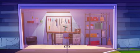 Workshop interior in garage room cartoon vector background. Carpentry storage inside house with furniture and equipment. Home storeroom with toolbox, table, tire and metal rack near entrance.