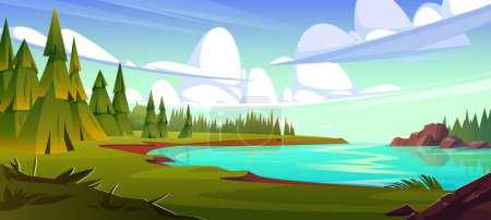 Paisaje fluvial con bosque verde. Ilustración vectorial de dibujos animados de hermoso fondo natural, abetos siempreverdes y piedras cerca del agua del lago con reflexión sobre la superficie clara, nubes en el cielo soleado