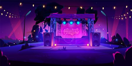 Illustration for Open air music festival stage with speakers and spotlights at night. Cartoon vector illustration of summer dusk public city park landscape with empty musician performance scene with glowing lamps. - Royalty Free Image