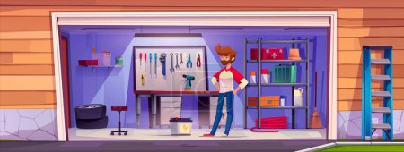 Illustration for Young man stands at entrance to garage with rack and wall board for storage, working tools, and car repair elements. Cartoon vector illustration of carport and storeroom interior with instruments. - Royalty Free Image