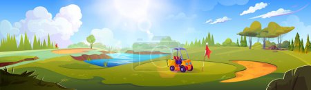 Cartoon pole golfowe z zieloną trawą wzgórza, piaszczyste tereny i jezioro wodne. Vector letni lub wiosenny słoneczny dzień krajobraz z wózkiem w pobliżu otworu z flagą na polu golfowym. Trawnik z zielenią i sprzętem sportowym.