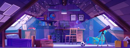 Illustration for Attic kid bedroom interior in morning cartoon background. Child home on garret with window, telescope, bed, computer and table. Shelf for book in building with picture inside. Cozy teen house design - Royalty Free Image