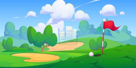 Cartoon pole golfowe w parku miejskim z otworem, flaga pin, i piłkę. Wektorowy letni krajobraz miasta z polem golfowym na wzgórzach z zieloną trawą i obszarami piaszczystymi nad wielopoziomowymi budynkami i chmurami na niebie.