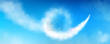 Téléchargez les illustrations : Avion spirale contrent dans le ciel bleu. Illustration vectorielle réaliste de la traînée de condensation de l'avion, trace incurvée de vol de fusée entre des nuages blancs pelucheux, paysage nuageux céleste, fond de bannière de voyage - en licence libre de droit