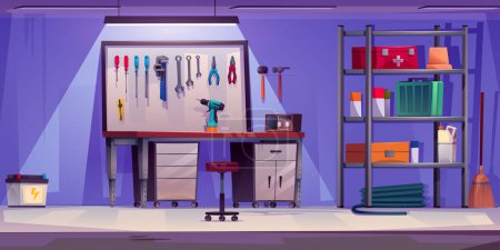 Illustration for Cartoon garage interior with workshop furniture and tools on wall board. Vector car repair and store room inside with table and chair, rack with toolbox and first aid kit, screwdrivers and pliers. - Royalty Free Image