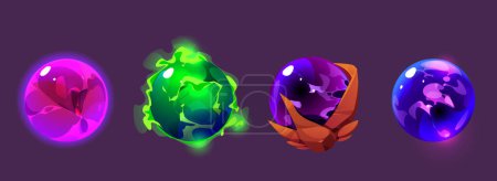 Conjunto de bolas de juego mágico aislado en el fondo. Ilustración de dibujos animados vectoriales de cristales de energía en colores púrpura, verde, azul con líquido, gas, textura abstracta, esferas de adivinación mística