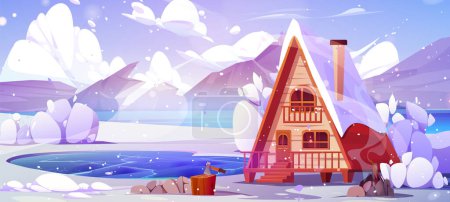Illustration for Cartoon winter landscape with wooden cabin on tilts covered with snow on shore of lake near rocky mountains. Vector natural snowy scenery with cozy house or hotel for camping and outdoor vacation. - Royalty Free Image