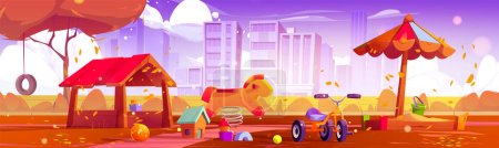 Illustration for Kid playground in autumn city park illustration. Fall street landscape with school yard with amusement for children. Outdoor public entertainment activity for kindergarten in nature environment - Royalty Free Image