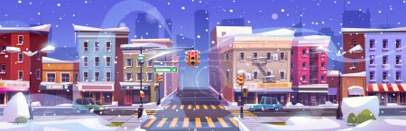 Illustration for Cartoon winter landscape of city street intersection with cars riding road with traffic lights and signs, cross and sidewalks, multistorey buildings with shops. Snow covered urban scene with highway - Royalty Free Image