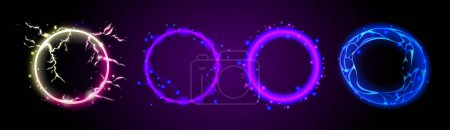 Ilustración de Efecto de luz de círculo mágico con energía de brillo de neón. 3d abstracto bola remolino circular azul. Elemento de marco aislado de explosión de vórtice relámpago. teletransportador multiverso del orbe del holograma con la onda de plasma digital. - Imagen libre de derechos