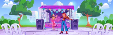 Illustration for Outdoor music festival concert with stage in park. Street musician band with microphone and violin on party. Public performance with singer artist. Urban entertainment with woman on celebration - Royalty Free Image
