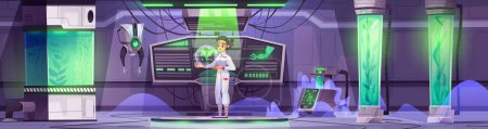 Ilustración de Científica en el laboratorio de naves espaciales. Ilustración de dibujos animados vectoriales de mujeres que trabajan en el laboratorio de ciencias futuristas, plantas en cápsulas de vidrio llenas de gas verde, brazos robóticos, datos en la pantalla de la computadora - Imagen libre de derechos