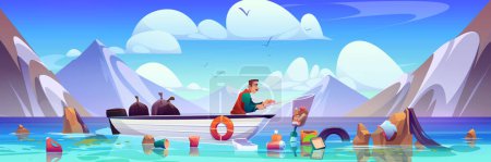 Illustration for Man floats in boat on ocean or sea and collects garbage from water with net. Cartoon vector male person cleaning environment from pollution. Volunteer cleanup lake littered with trash and waste. - Royalty Free Image