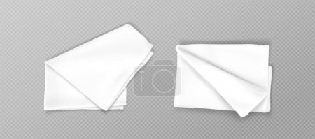Illustration for Folded kitchen towels set isolated on transparent background. Vector realistic illustration of white handkerchief, tablecloth or napkin mockup for restaurant or home design, clean linen after laundry - Royalty Free Image