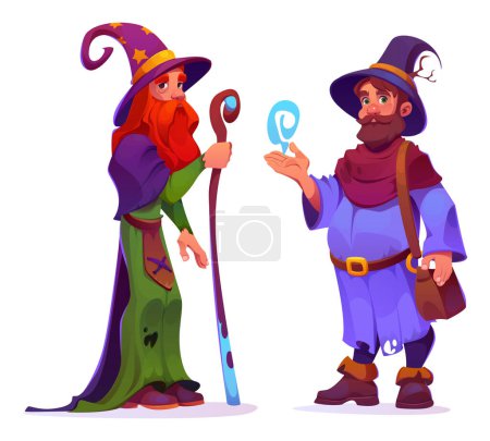 Male wizard characters set isolated on white background. Vector cartoon illustration of old bearded men wearing vintage hats and costumes, wooden staff and spell effect in hands, merlin and sorcerer
