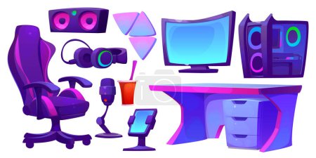 Game Streamer Raumgestaltungselemente isoliert auf weißem Hintergrund. Vector Cartoon Illustration von Desktop-Computer, Kopfhörer, Systemeinheit, Mikrofon, Smartphone, Sessel und Schublade Schreibtisch, Wandleuchten