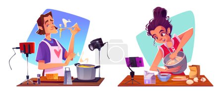 Illustration for Male and female food bloggers cooking on camera isolated on white background. Vector cartoon illustration of young man and woman streaming kitchen video online, ingredients on table, vlog content - Royalty Free Image