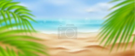 Téléchargez les illustrations : Fond de plage d'été tropical flou. Illustration vectorielle réaliste de la côte sablonneuse avec des particules scintillantes, de l'eau bleue de l'océan et un ciel ensoleillé, des feuilles de palmier exotiques, une bannière publicitaire pour les stations de vacances - en licence libre de droit