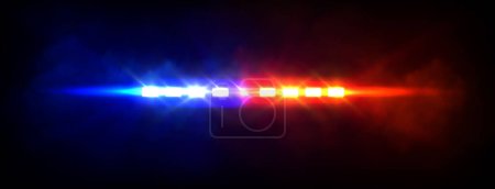 Illustration for Emergency or police car siren flashing lights with overlay effect. Realistic vector illustration of red and blue cop or ambulance vehicle flare with beams surrounded by fog on dark night background. - Royalty Free Image