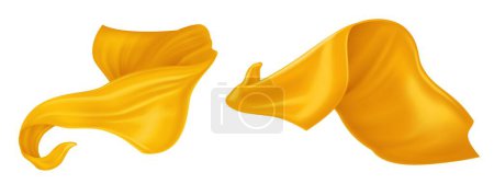 Ilustración de Conjunto de cintas de seda amarillas aisladas sobre fondo blanco. Ilustración realista vectorial de tela dorada volando en el aire, ondas de tela de satén flotando en el viento, caída de la hoja textil suave, elemento de decoración para el hogar - Imagen libre de derechos