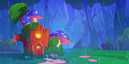 Magic wonderland with fairy wooden house with mushrooms under rain. Cute tiny fantasy home with light in windows and door in forest. Cartoon summer rainy landscape with path to gnome or elf wood hut.