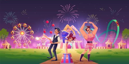 Circus or carnival artists in amusement park at night under fireworks. Cartoon vector illustration of show performers - juggler, acrobat and strongman in front of carousels and swings with light.