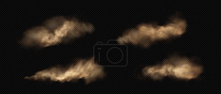 Dust clouds set isolated on transparent background. Vector realistic illustration of desert sand storm effect, brown dirt particles flying in wind, mud explosion, dirty powder spray, air pollution