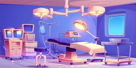 Illustration for Surgery room interior with equipment. Vector cartoon illustration of operating theater with medical tools and technology, patient bed, dripper, lamp, surgeon stool, life support system monitor, drawer - Royalty Free Image