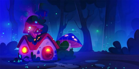 Fairy forest wonderland with magic tiny house with mushrooms for gnomes or elves at night. Cartoon vector fantasy landscape with cute tale or game home for little inhabitants with light in windows.