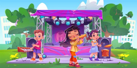 Illustration for Children music band perform with instruments in front of scene in city park. Cartoon vector illustration of outdoor kid concert on talent festival. Kindergarten or school creative artistic activity. - Royalty Free Image