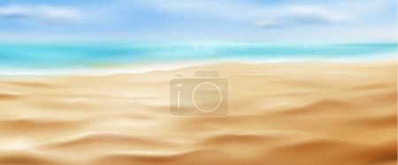 Fondo realista de playa marina o oceánica con arena, agua y nubes en el cielo. Ilustración vectorial panorámica de horizonte y orilla con textura arenosa. Paisaje tropical con costa para vacaciones de verano