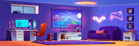 Sala de Gamer diseño de interiores. Ilustración de dibujos animados vectoriales de computadora de escritorio, auriculares y unidad de sistema, juego de espacio en la pantalla de televisión, sillón sofá, cajón y estante, decoración de luces led de neón en la pared