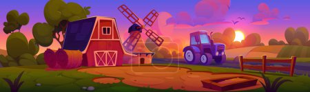 Illustration for Cartoon farm landscape on sunset or sunrise with barn, wind mill and tractor standing on field. Vector illustration of rural agriculture house and equipment in ranch scenery under pink gradient sky. - Royalty Free Image