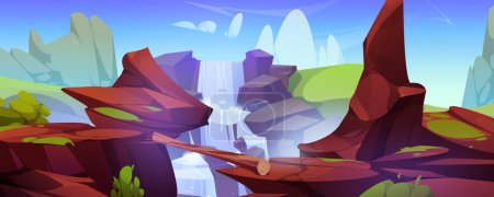 Illustration for Log bridge over mountain waterfall. Vector cartoon illustration of tree trunk lying across gap between rocky cliffs, river water falling down, clouds in blue sunny sky, adventure game background - Royalty Free Image
