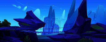 Illustration for Old suspension bridge in night mountains. Vector cartoon illustration of wooden boards tied with rope above gap between rocky cliffs, stars and clouds glowing in dark sky, adventure game background - Royalty Free Image