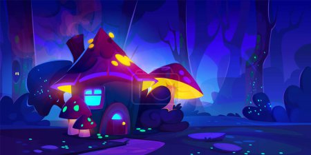 Téléchargez les illustrations : Gnome maison de champignons dans la forêt de nuit. Illustration vectorielle de bois de conte de fées avec petite cabane naine, lumière au néon brillante dans la fenêtre et la porte rondes en bois, lucioles chatoyantes dans l'obscurité - en licence libre de droit