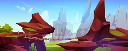 Illustration for Rocky cliff with hanging bridge with wooden plates and rope. Cartoon vector summer mountain landscape with suspension road over chasm. Precipice with dangerous walkway between brown stone edges. - Royalty Free Image