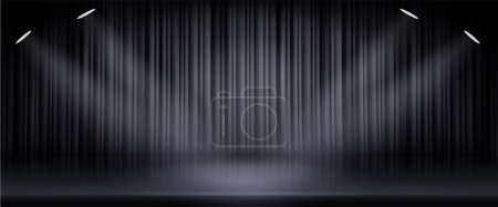 Black curtain with light spot on stage. Vector realistic illustration of concert hall with spotlights shining, glossy floor and fabric drapery, awarding or graduation ceremony, show banner background
