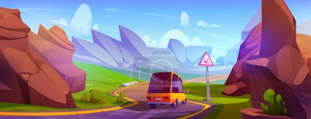 Illustration for Car driving mountain road. Vector cartoon illustration of yellow auto moving down highway with sharp turn warning sign, huge rocky stones and green plants, sunny blue sky, summer vacation travel route - Royalty Free Image
